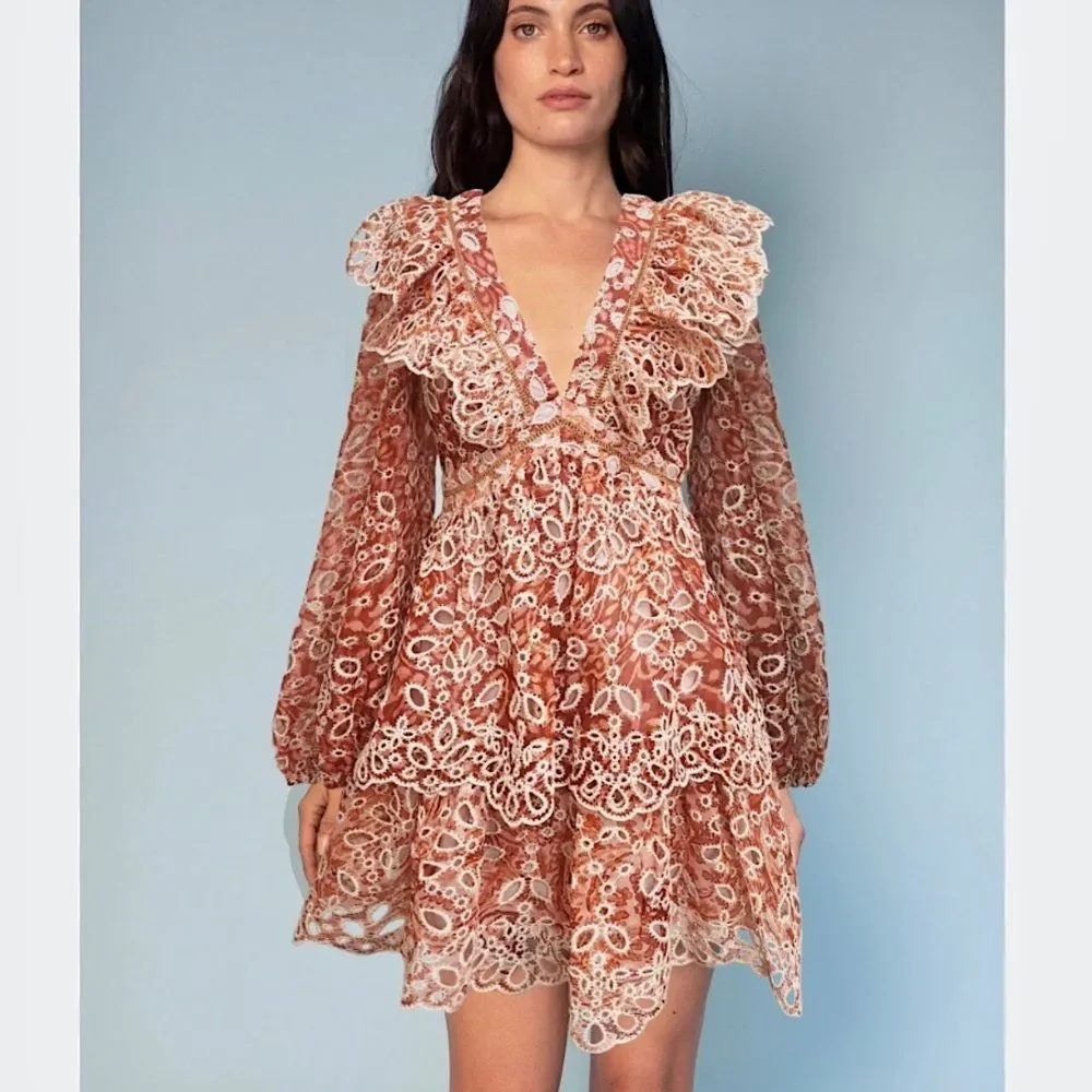 BTFL-Life Dress Brown Eyelet Lace Mini Tiered Layered Ruffled Long Sleeve NWT S